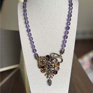 Heidi Daus Floral Purple Crystal Gold Green Flower 22" Ribbon Pendant Necklace